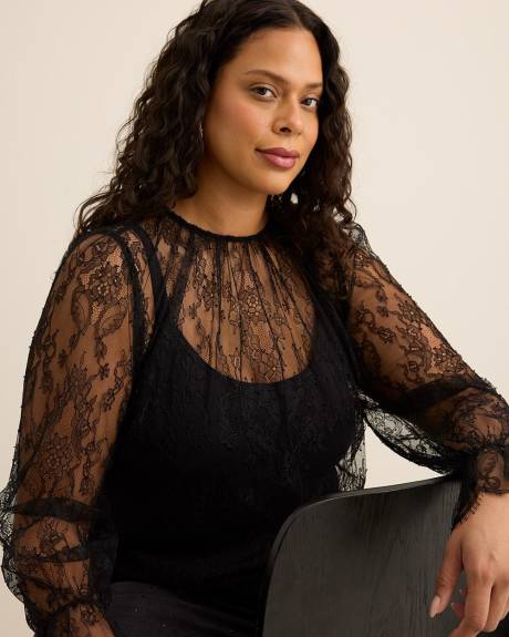 Black Lace Crewneck Blouse