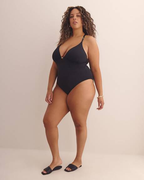 Black Plunging One-Piece Swim Suit with Macrame Back - Bleu by Rod Beattie