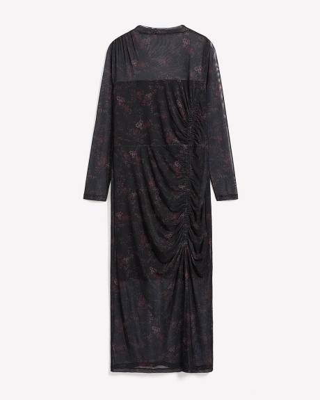 Black Fitted Mesh Midi Dress with Side Shirring - Addition Elle