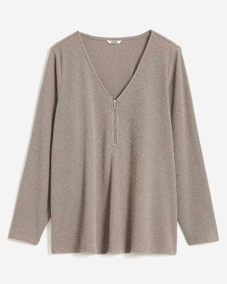 Ribbed Knit Top with Zippered V-Neck
