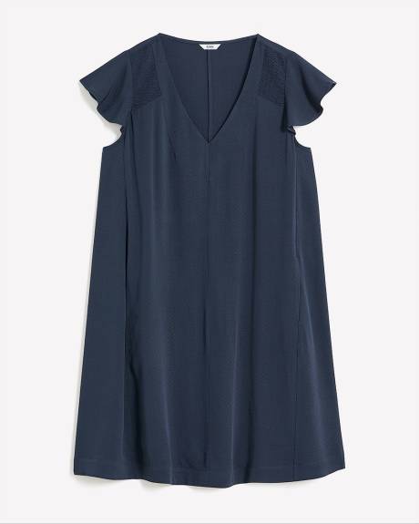 Navy Textured Swing Dress with Flutter Sleeves