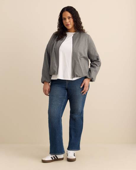 Grey Pinstripe Balloon-Hem Bomber Jacket
