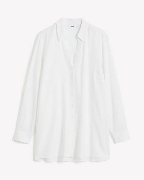 Solid Linen Blend Tunic with Rolled-Up Sleeves and Buttons