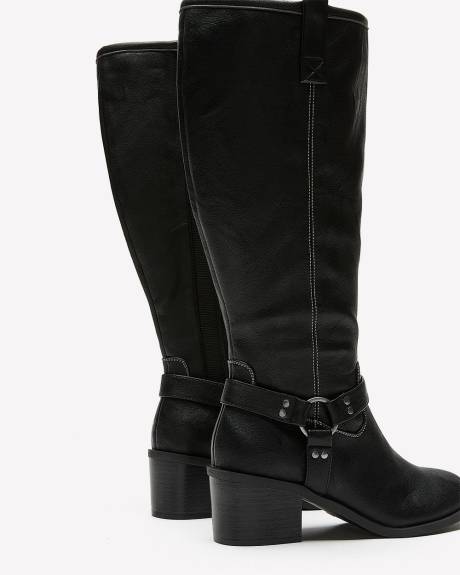 Extra Wide Width, Black Tall Heeled Boot with Harness Straps