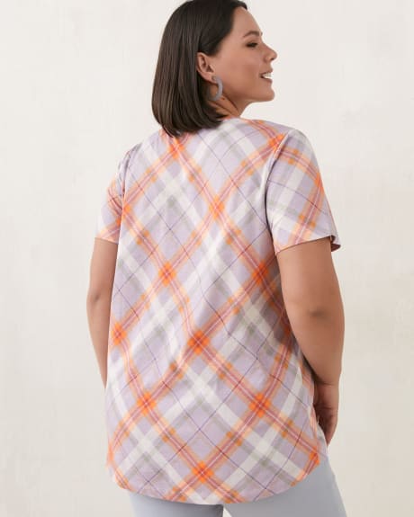 T-shirt imprimé à manches courtes et encolure en V, mélange de lin