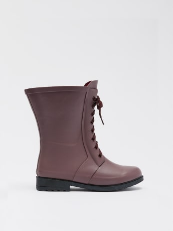 Extra Wide Width, Burgundy Lace-Up Rain Boots