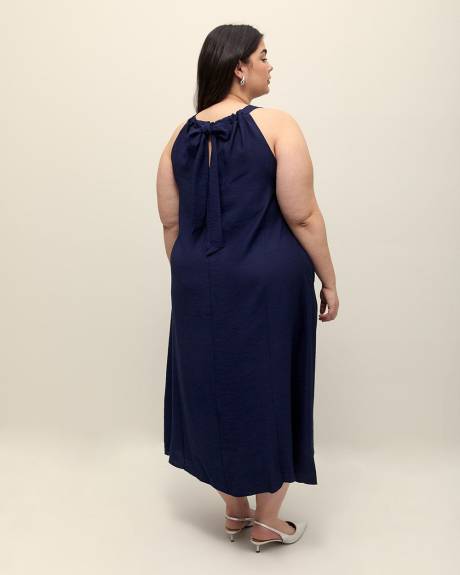 Blue Sleeveless A-Line Maxi Dress with Back Bow Tie