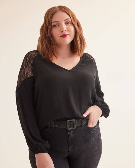 Black V-Neck Blouse with Lace Shoulder Inserts