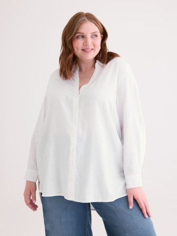 Solid Linen Blend Tunic with Rolled-Up Sleeves and Buttons