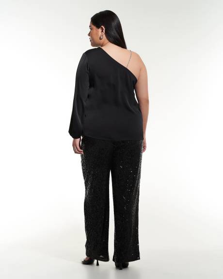 Black Off-Shoulder Satin Blouse with Rhinestones Strap - Addition Elle