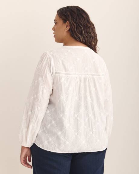 Long-Sleeve Balloon Sleeve Blouse with Trim Detail