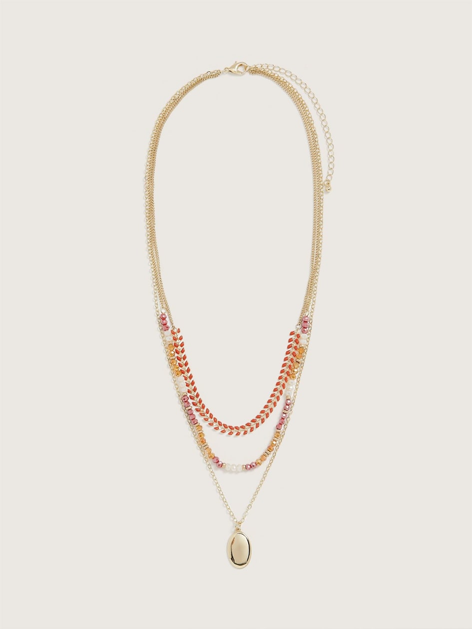 Three-Layer Necklace with Beads and Medallion Pendant