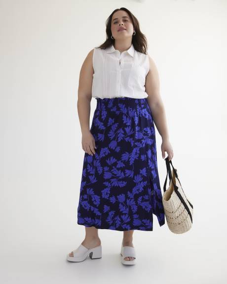 Jupe midi en tricot, motif à feuilles, tissu responsable