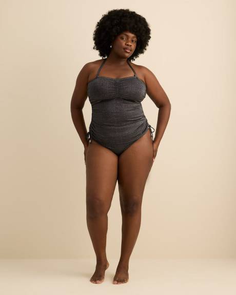 Tankini court noir scintillant style bandeau avec c&ocirc;t&eacute; fronc&eacute;