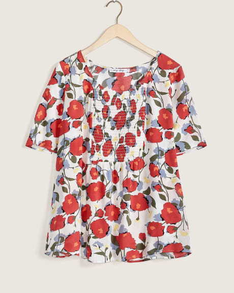 Printed Short-Sleeve Blouse With Front Smocking - In Every Story