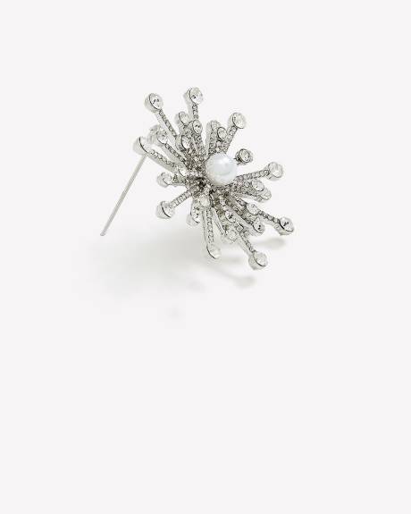 Broche argentée avec pierres scintillantes et perle