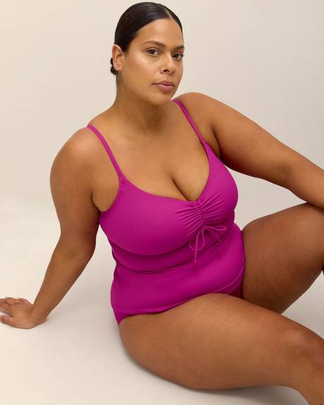 Haut tankini rose côtelé avec devant froncé