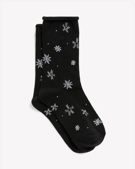 Snowflake Crew Socks with Rolled Edge