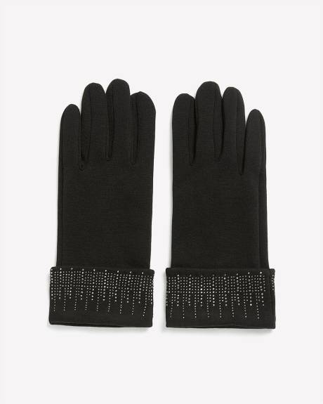 Gants en tricot noir avec ourlet replié orné de pierres scintillantes