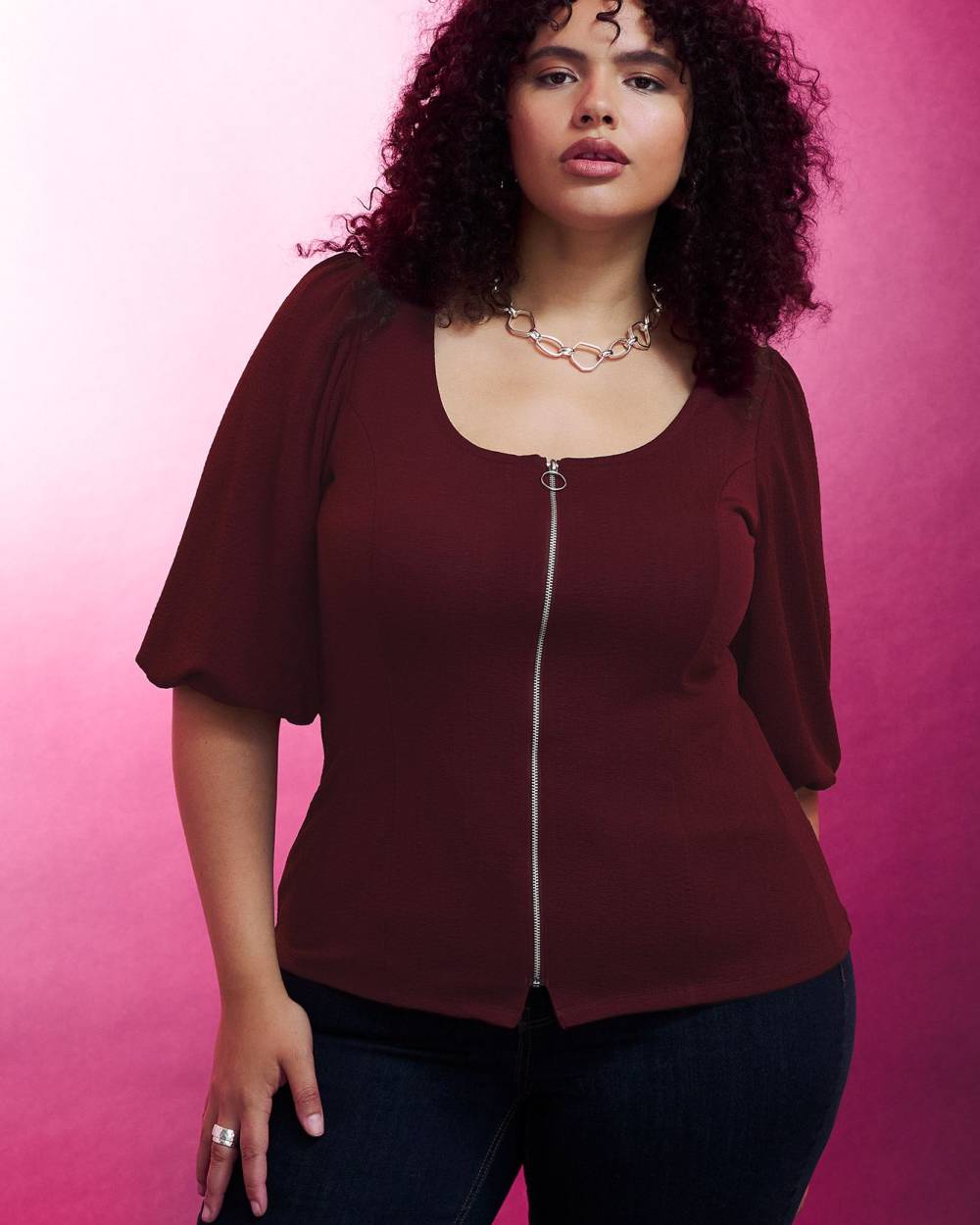 Textured Knit Top with Zippered Front - Addition Elle