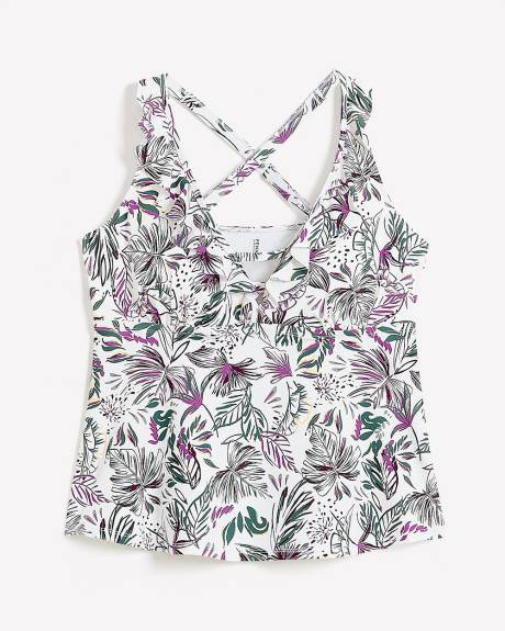 Leaf-Print Ruffled V-Neck Tankini Top