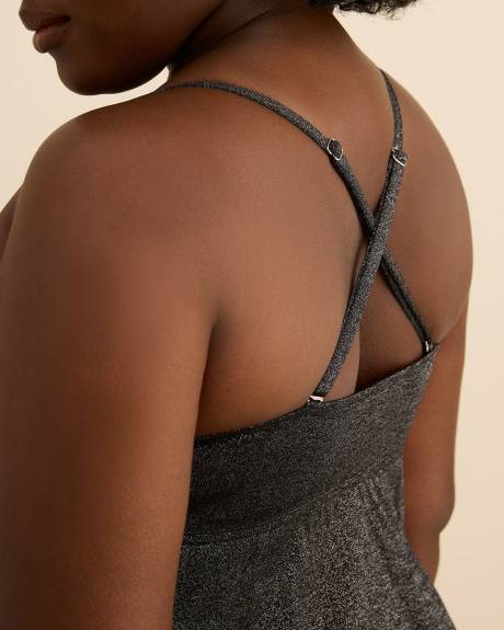 Tankini &eacute;vas&eacute; noir scintillant avec encolure fronc&eacute;e &agrave; cordon