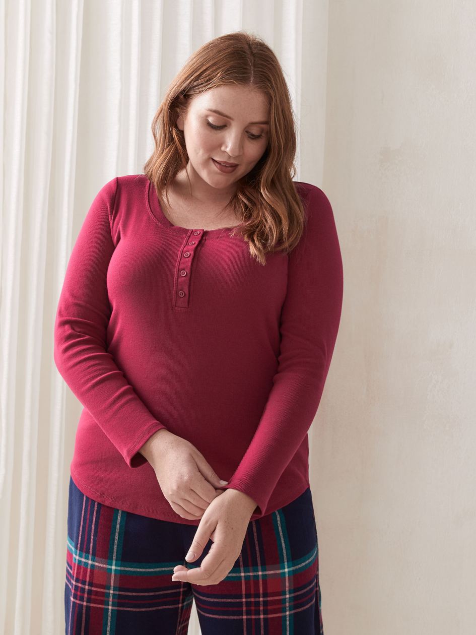 Ribbed ButtonDown Henley Sleep Top Déesse Collection Penningtons