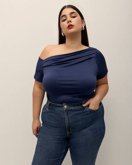 Short-Sleeve Knit Top with Shirring Asymmetrical Neckline