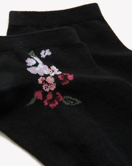 Black Ankle Socks with Flower Print