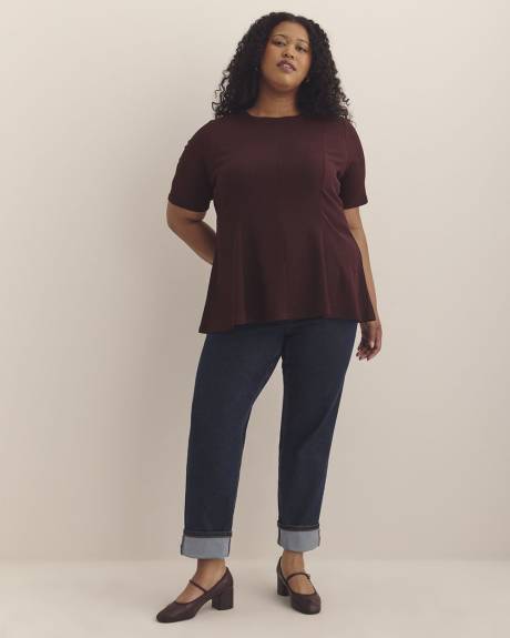 Princess-Cut Crewneck Flared Knit Top