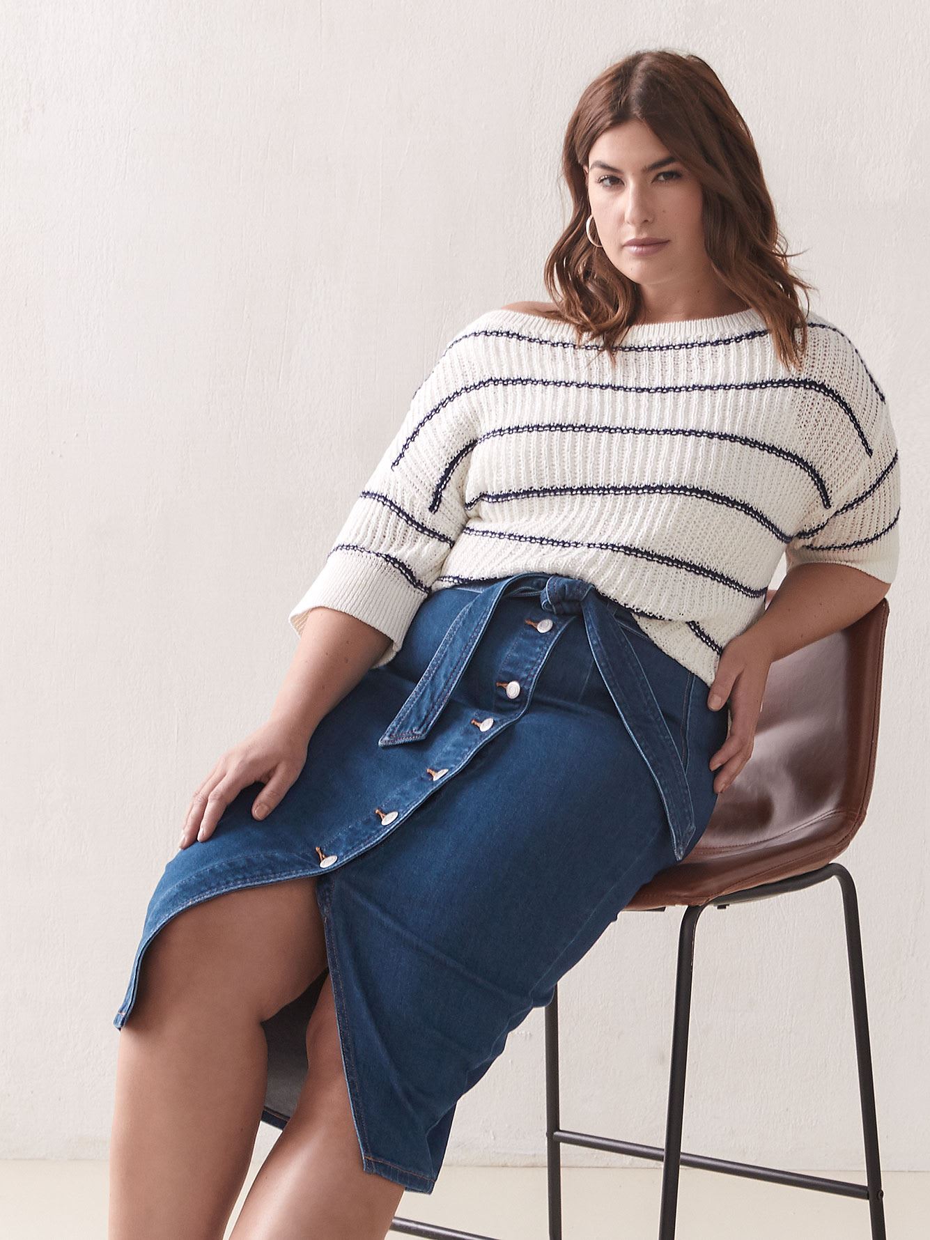 Midi Denim Skirt with Button Front - Addition Elle