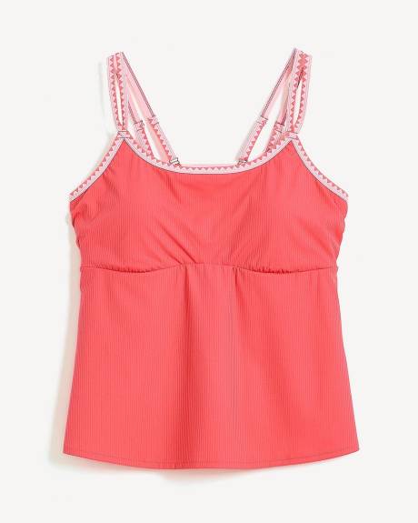 Coral Ribbed Tankini Top with Geometric Double Straps