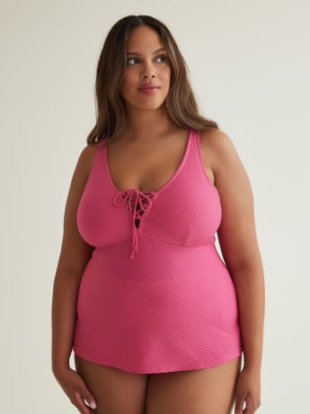 Textured A-Line Tankini Top with Laced-up V-Neckline