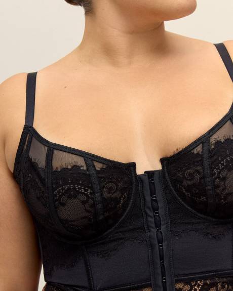 Bustier sexy noir en maille et dentelle à fermoir avant - Déesse Collection