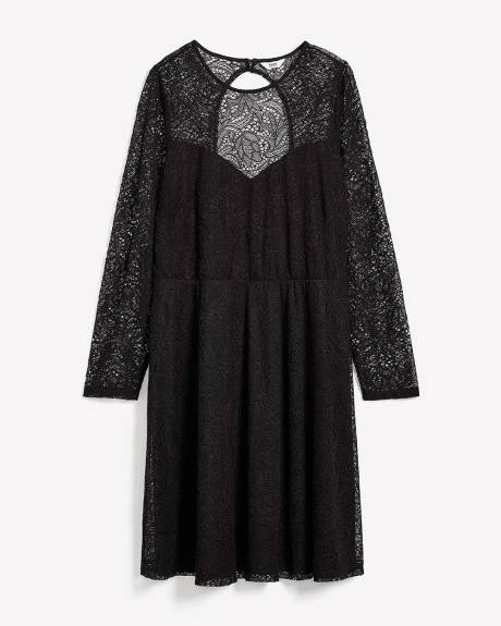 Fit and Flare Long-Sleeve Knit Lace Dress