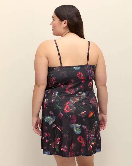Floral Satin Nighty with Lace and Built-In Bra - Déesse Collection