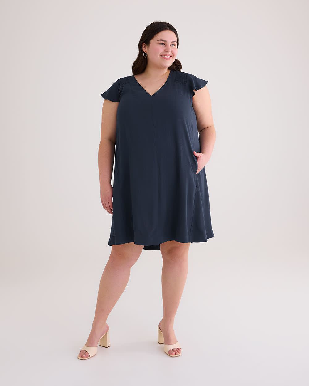 Navy Textured Swing Dress with Flutter Sleeves