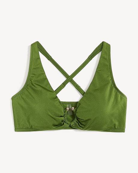 Green Satin Plunge Bikini Top with Ring