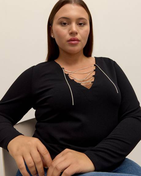 Black Laced V-Neck Knit Top with Rhinestone Cord - Addition Elle