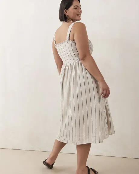 Linen Blend Stripe Dress WIth Smocking Detail