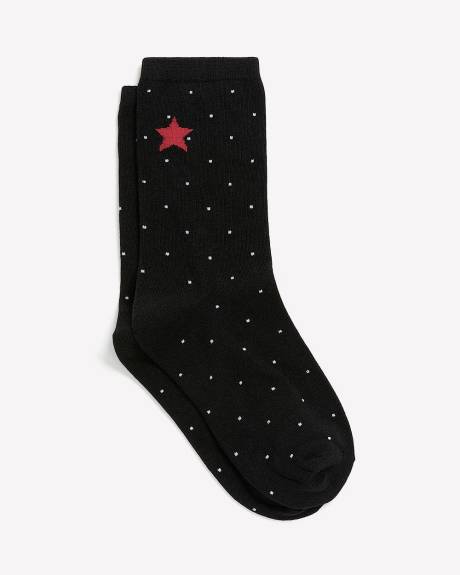 Black Dotted Crew Socks with Star
