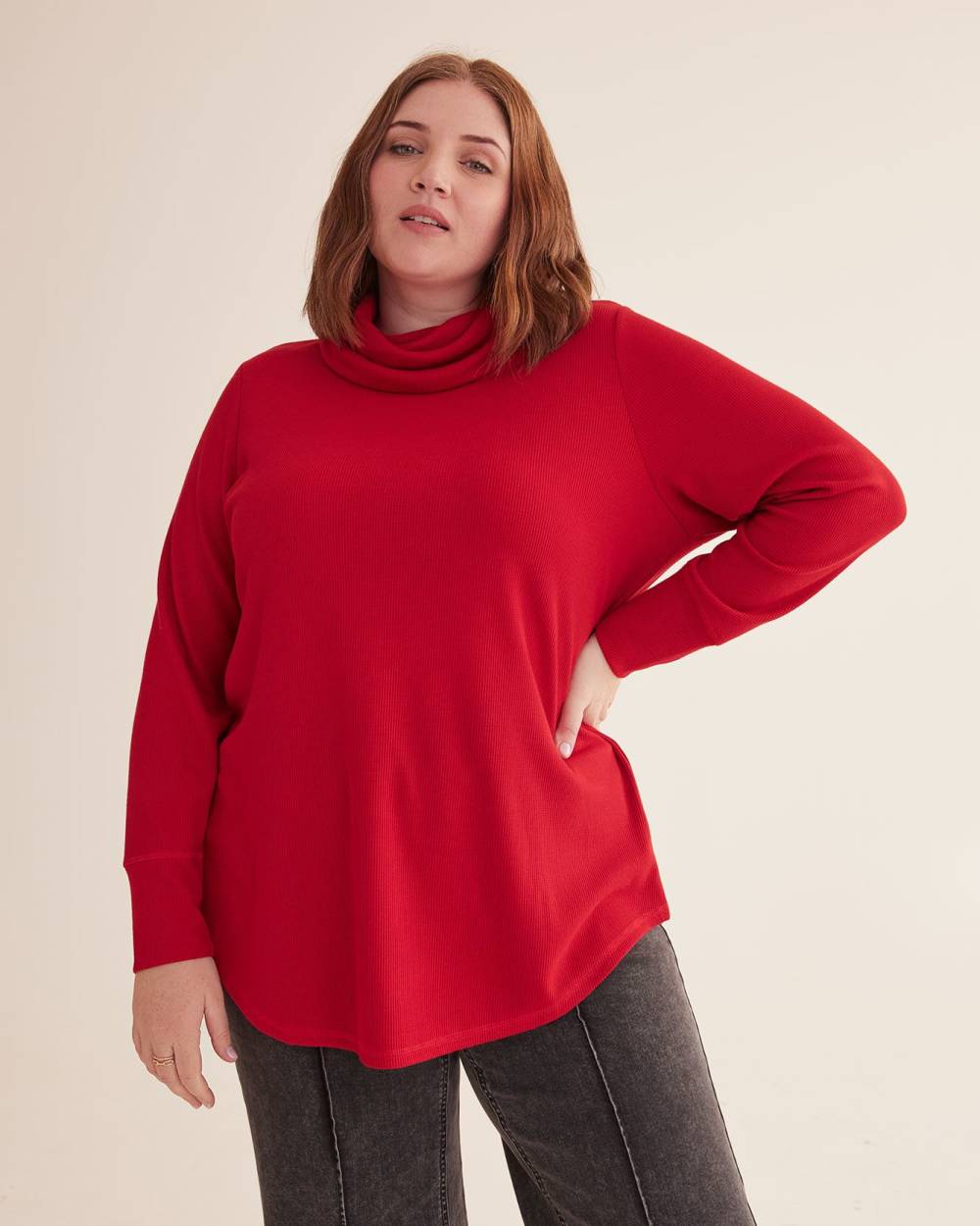 Waffle Knit Tunic with Cowl Neck