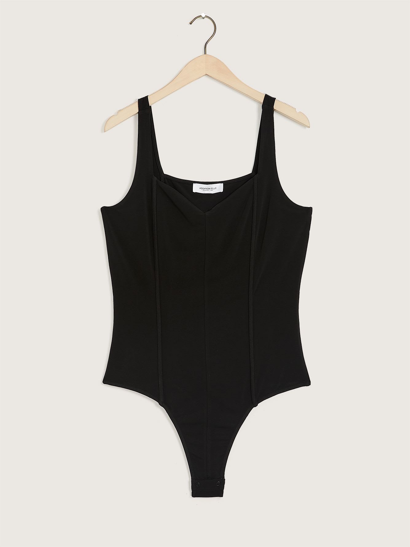 Black Sleeveless Thong Bodysuit with Sweetheart Neckline - Addition ...
