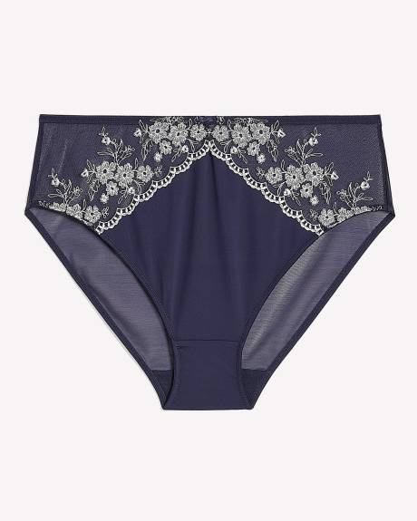 Culotte échancrée bleue avec dentelle brodée et arrière en mesh - Déesse Collection