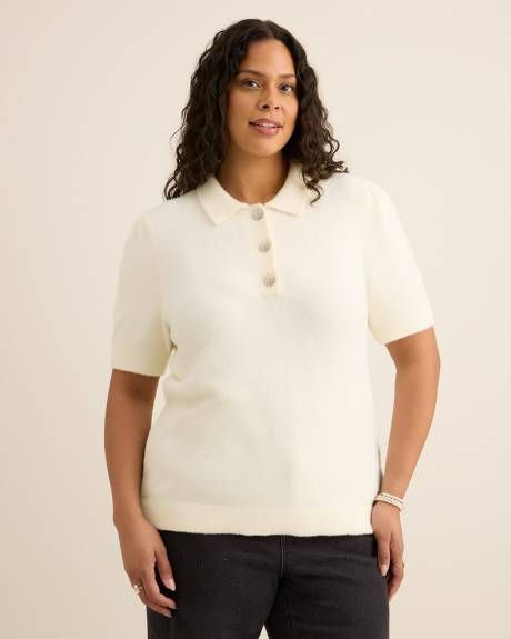 Plush Short-Sleeve Polo Sweater with Fancy Buttons