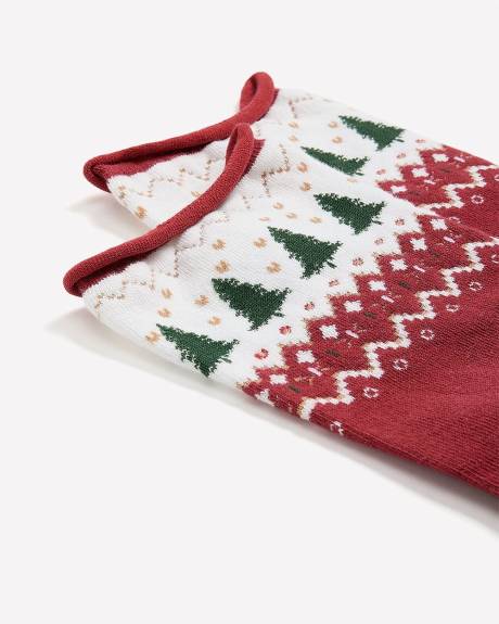 Red Rolled-Edge Crew Socks with Tree Fair Isle Print