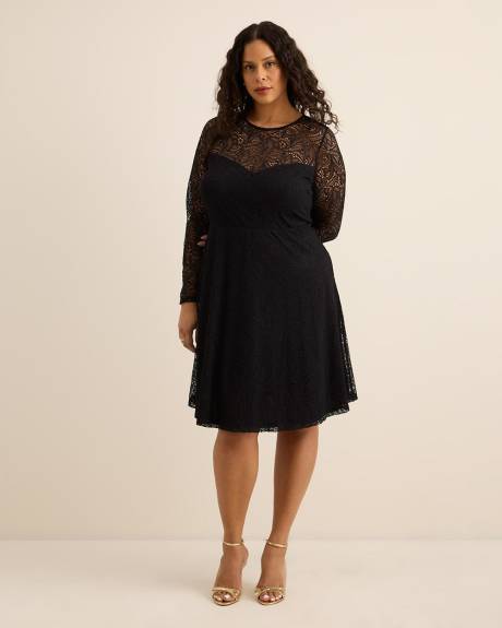 Fit and Flare Long-Sleeve Knit Lace Dress