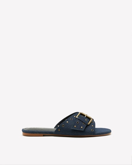 Extra Wide Width, Flat Sandal with Metal Buckle and Eyelets