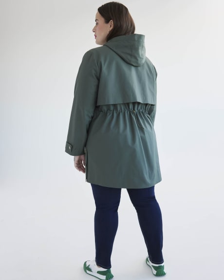 Water-Repellent Hooded Coat with High-Low Hem
