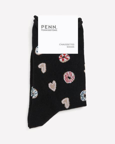 Rolled-Edge Crew Socks with Donut and Gingerbread Print